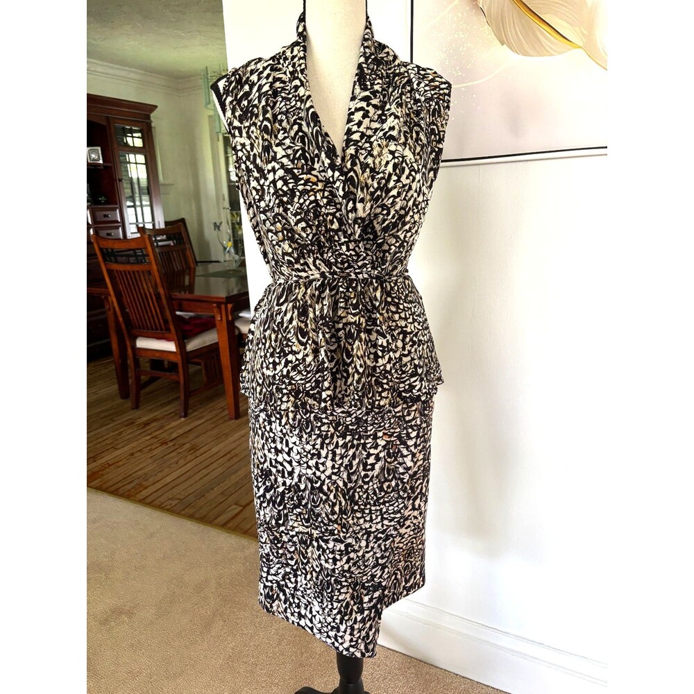 Bar III 2pc Skirt Set Sz S Draped Peplum Top Pencil Faux Wrap Skirt Black Beige